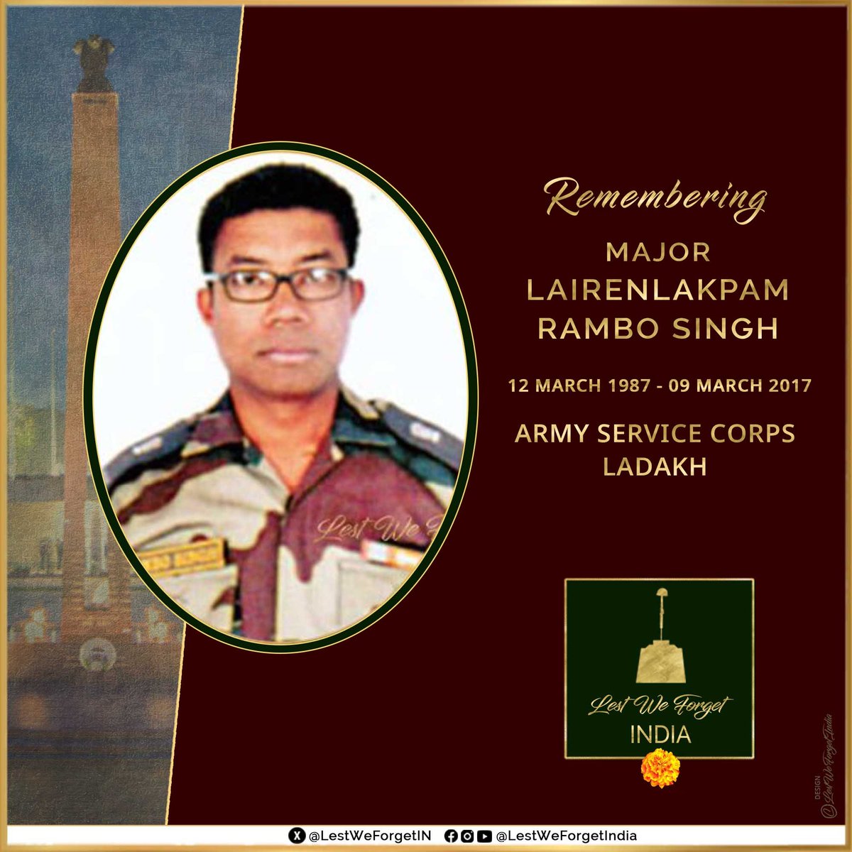 #LestWeForgetIndia🇮🇳 Major Lairenlakpam Rambo Singh, Army Service Corps and his supreme sacrifice in the line of duty in Eastern Ladakh, #OnThisDay 09 March in 2017

The #IndianBrave lost his life in an accident while on a convoy move through treacherous terrain in extreme