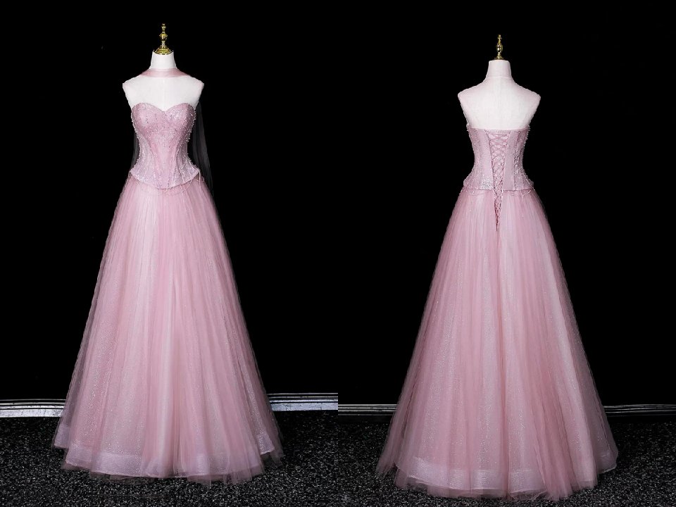 Sparkling Pink Tulle Ball Gown, A Line Sweetheart Neck Party Dress with Beaded Bodice