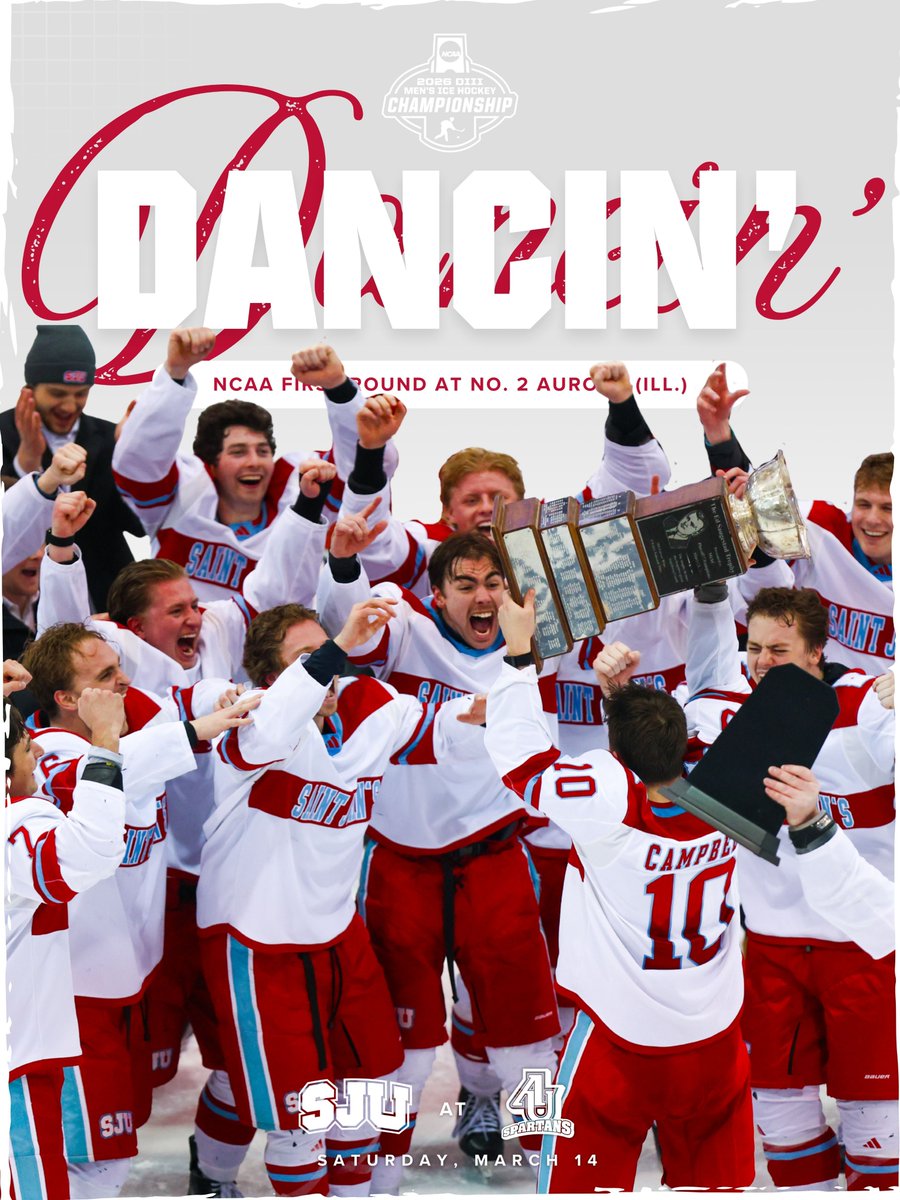 . <a href="/JohnnieHockey/">SJU Hockey</a> visits No. 2 Aurora in the first round of the <a href="/NCAADIII/">NCAA Division III</a> Tournament at either 1 or 2 p.m. Saturday at Fox Valley Ice Arena in Geneva, Ill.!

RELEASE: gojohnnies.com/news/2026/3/8/…

#GoJohnnies | #d3hky