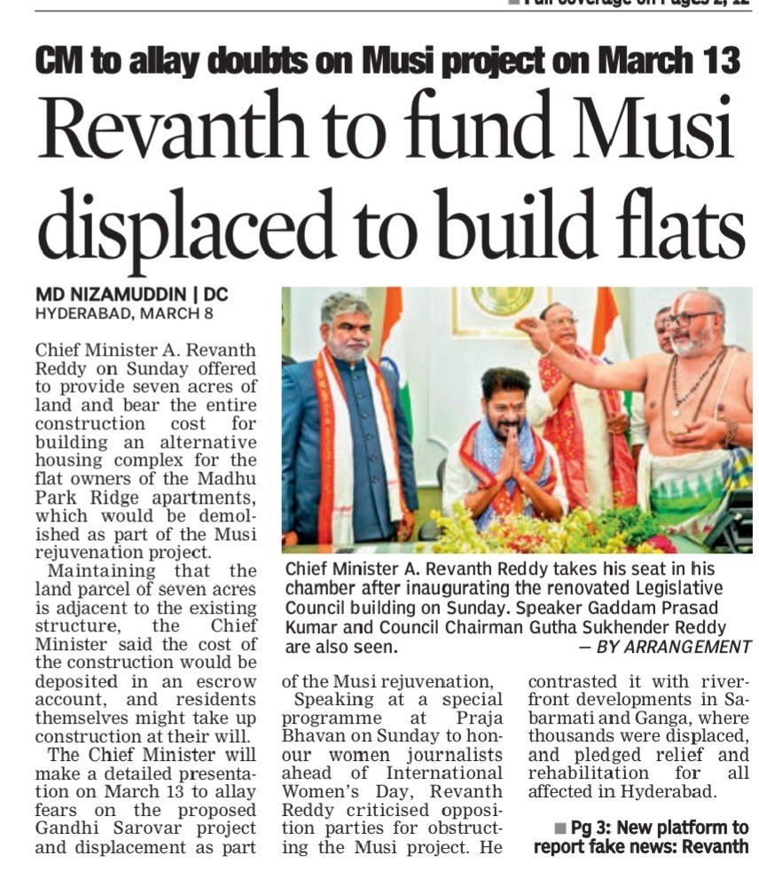 revanthannanews's tweet image. 🌟CM assures full support for Musi project displaced
🔹 Revanth offers land &amp;amp; funds to rebuild flats for residents
🔹 Construction cost to be placed in escrow account
🔹 Detailed presentation on Musi project on March 13
#MusiProject #Hyderabad @revanth_anumula