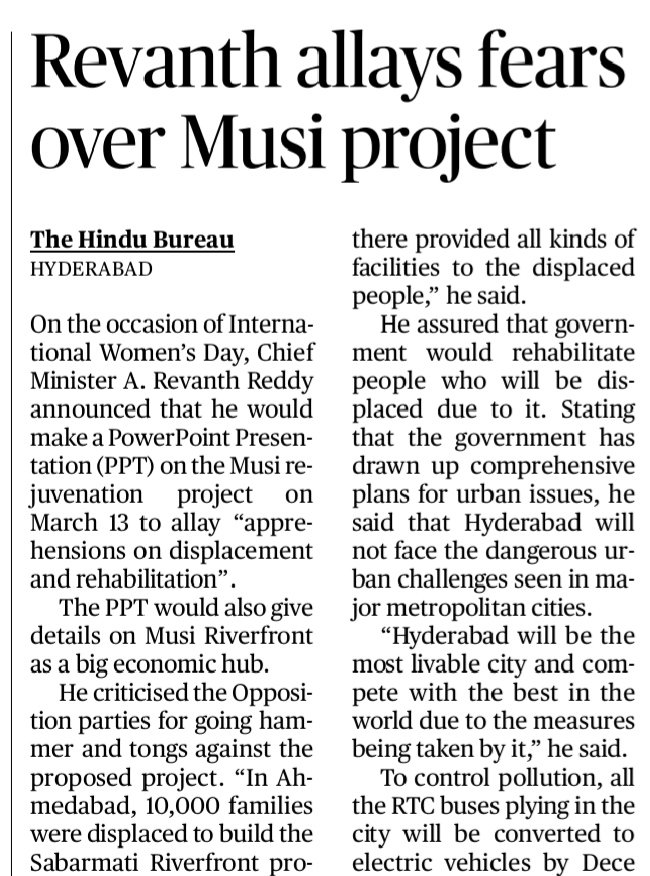 revanthannanews's tweet image. 🌟CM assures full support for Musi project displaced
🔹 Revanth offers land &amp;amp; funds to rebuild flats for residents
🔹 Construction cost to be placed in escrow account
🔹 Detailed presentation on Musi project on March 13
#MusiProject #Hyderabad @revanth_anumula