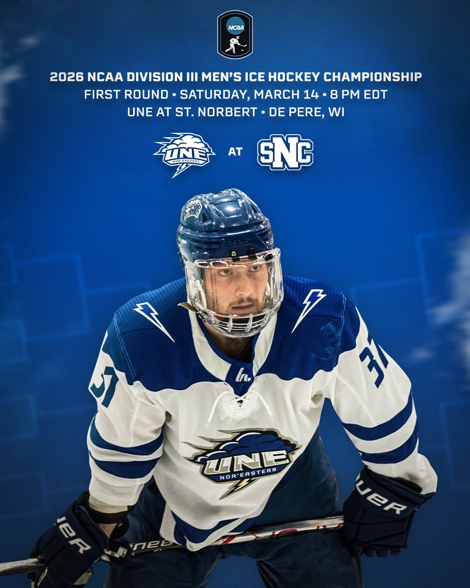UNESports's tweet photo. Wisconsin, here we come! ✈️

@UNEhockey earned an at-large bid and will travel to St. Norbert College for Saturday’s opening round of the 2026 NCAA Division III Men’s Ice Hockey Championship.

🔗: https://t.co/zelfEp7og4

#WeAreUNE | #StormOn | #d3hky https://t.co/FQyPm26y69