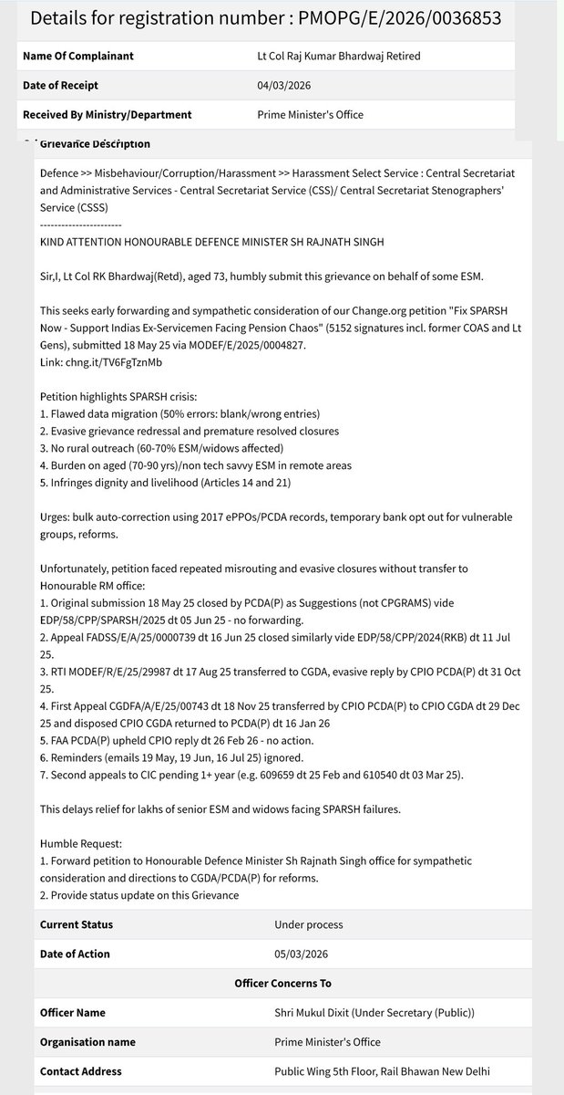 Day 136: FAA PCDA(P) Disposes Appeal Evasively; PMOPG filed (Routed Back to PCDA(P) – Urgent Need for Higher Intervention 

#SPARSHFailsVeterans Campaign
(👁️ 40,983)
x.com/i/status/18940…

Key History Recap:
▪️Change.org Petition "Fix SPARSH Now" (5,152 signs incl