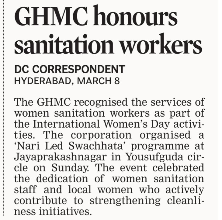revanthannanews's tweet image. 🔔GHMC honours women sanitation workers
🔹 ‘Nari Led Swachhata’ event held on Women’s Day
🔹 Women sanitation staff felicitated for service
🔹 Recognised their role in keeping Hyderabad clean
#GHMC #Hyderabad #WomensDay