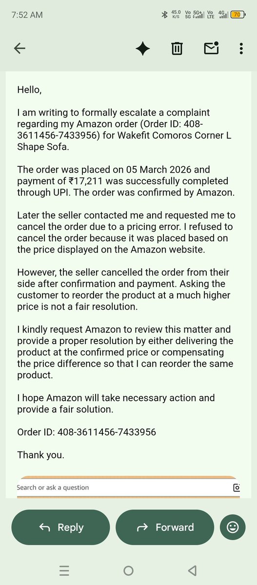 MguruSukanya's tweet image. Order confirmed and paid on Amazon for Wakefit Comoros Corner L Shape Sofa at ₹17,211. Later seller  cancel due to “price error” and cancelled it themselves.

Now the same sofa costs ₹81,135 and Amazon asks me to reorder at higher price.

Is this fair to customers?
#AmazonIndia
