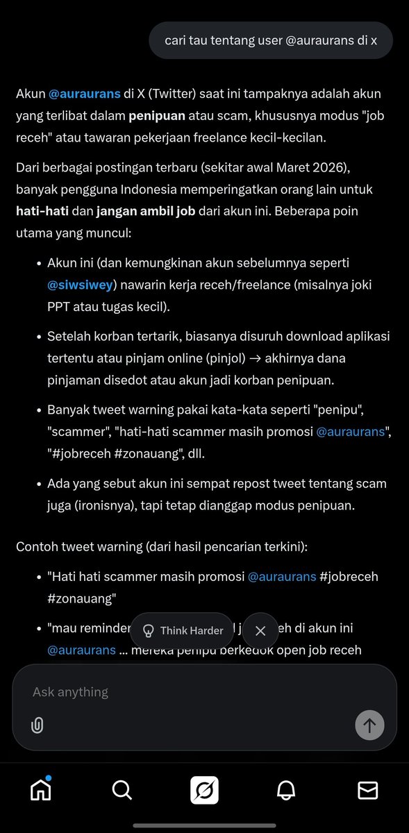 kacanmata's tweet photo. cara lain identifikasi scammer sebelum jajan di #zonauang

tanya ke grok, kalo udah ada yang spill nih keliatan, tp mungkin ada false nya tetep tiati n recheck yaah, karena mungkin
1. ada skem asal tuduh jadi search bar kotor
2. ada skem yg belum ke spill, sering ganti identitas https://t.co/niQI4Uc3H7