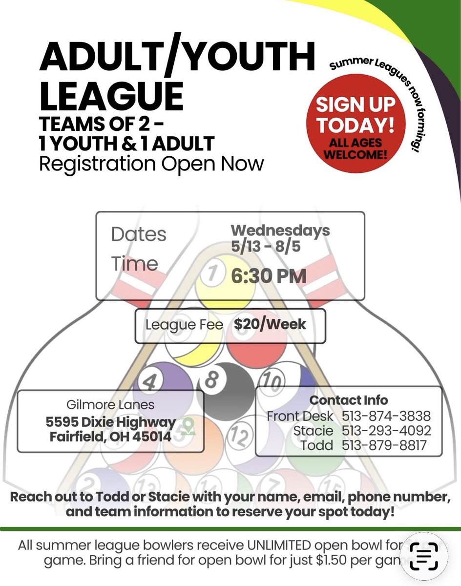 Tmtbowling's tweet photo. Gilmore Lanes Summer League Options! 
Call Todd at +15134108384 or 513-874-3838 https://t.co/tWUgJ3YGmW