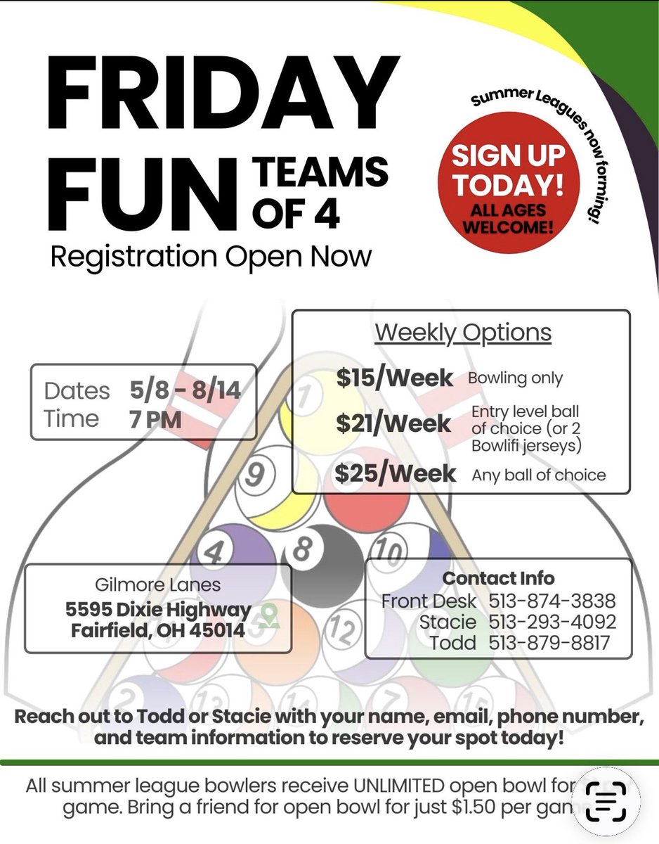 Tmtbowling's tweet photo. Gilmore Lanes Summer League Options! 
Call Todd at +15134108384 or 513-874-3838 https://t.co/tWUgJ3YGmW
