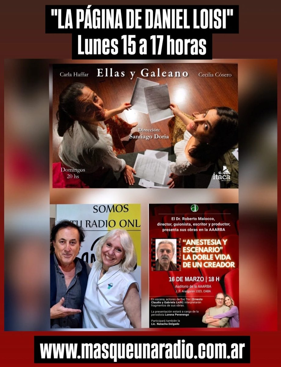 Lunes de 15 a 17 por MQR masqueunaradio.com.ar
"La Página de Daniel Loisi"
Entrevista a Roberto Maiocco
Cines: "Marty Supreme" "Sirat" "Operación Sombra" "El Agente Secreto" "Parque Lezama" "Calle Málaga"
Netflix: "Cortafuego" "Parque Lezama" "Sueño de Trenes".
Teatro: "Druk"