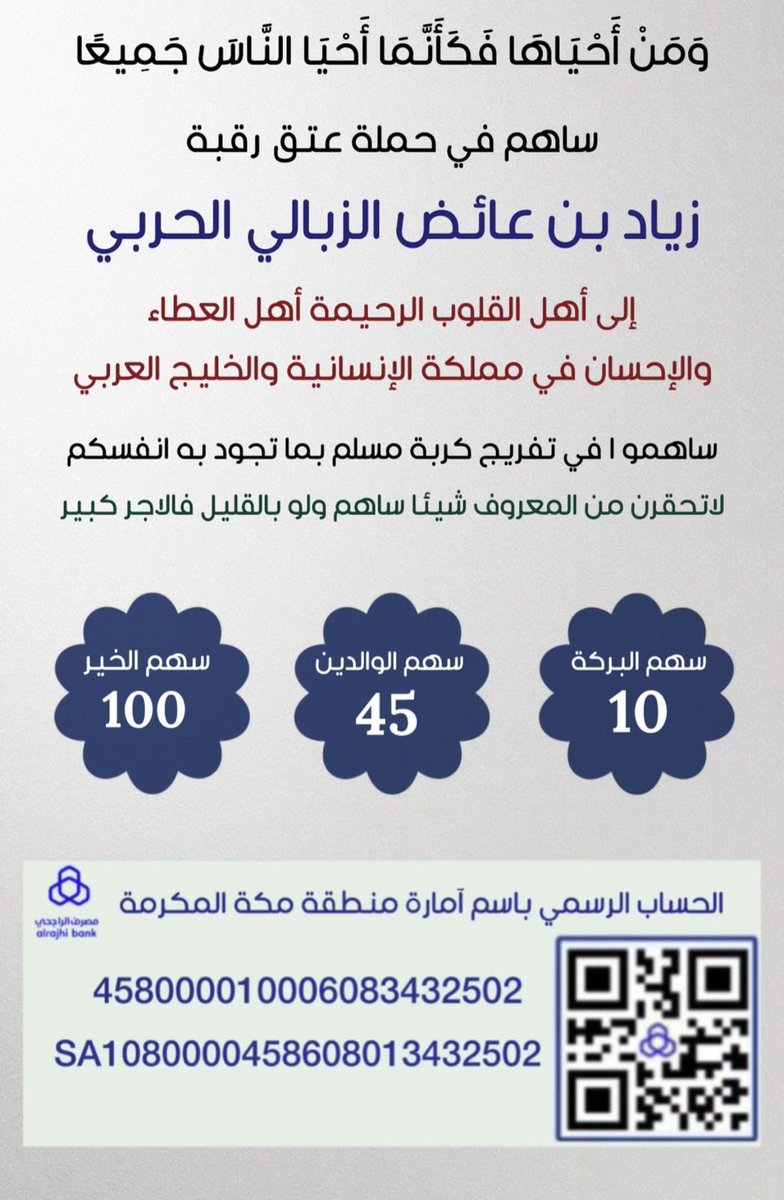 (عتق رقبة)
كلمة عظيمة في معناها…
لا تقف عند حدود المساعدة، بل تمتد لتُنقذ روحًا وتُحيي الأمل في قلب أمٍ مكلومة، وأبٍ ينتظر عودة ابنه بعد غيابٍ دام أكثر من عشر سنوات.

هي بابٌ من أبواب الجنة،
وميزانٌ من موازين الرحمة.

من أدرك فضلها سارع إليها،
ومن نوى بها خيرًا كتب الله له الأجر