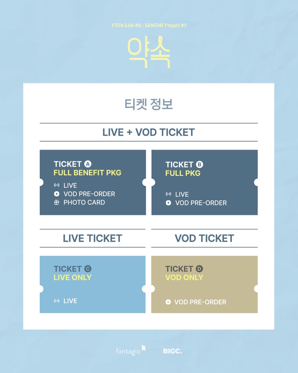 YOON SAN-HA : SANiGHT Project #3 - 약속
🎫LIVE &amp; VOD TICKET OPEN

윤산하의 생일파티에 로하들을 초대합니다! 🎉
지금 바로 빅크에서 LIVE &amp; VOD 티켓을 만나보세요🐣💜

*라이브와 VOD는 모두 1회차 공연으로만 제공됩니다.
*VOD는 5월 중 제공 예정이며, 관련 안내는 별도로 안내될 예정입니다.