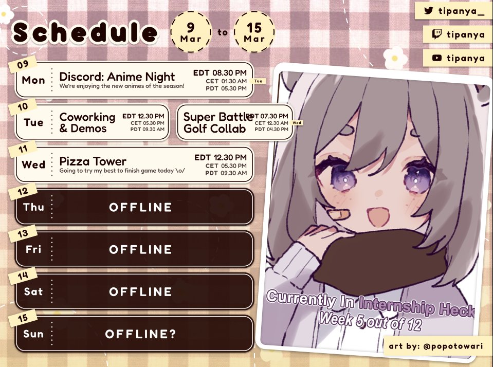 Tipanya_'s tweet photo. 【Schedule | March 9th-15th🗓️ #tipaLive】

‼️Daylight Savings just happened which means that Bearcat Mountain is an hour ahead than usual! 🌞 ‼️

We have a super fun week together! I have a big golf collab with 9 other cuties, I'll be streaming my POV so let's have a ball! 🏌️‍♀️ https://t.co/69vpdA5mB7