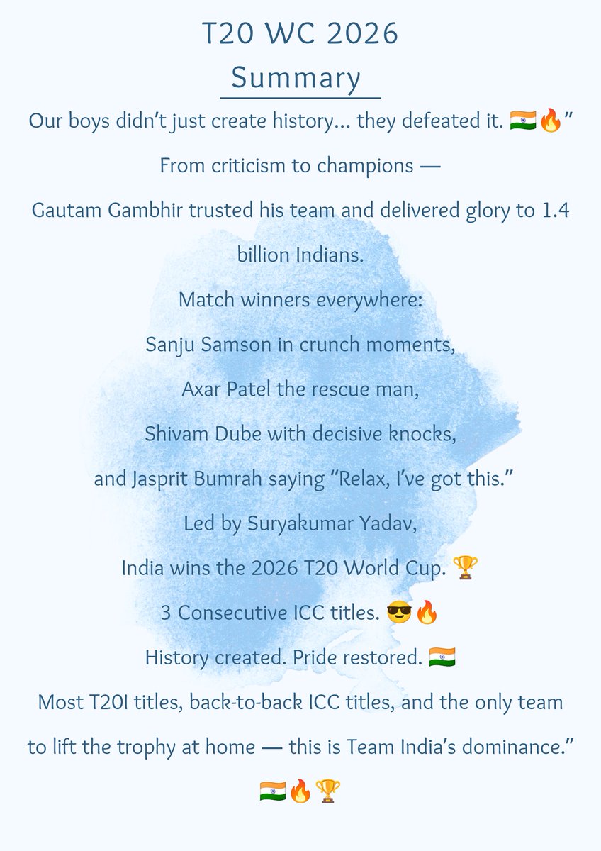 RTHORE8's tweet photo. This isn’t just a World Cup win, it’s pure domination throughout the tournament. 🏏💥
#T20WorldCup 
#BCCI 
#coachingstaff 
#gautamgambhir 
#icct20worldcup2026 
#INDvsNZ 
#T20WC2026Final https://t.co/Q94SwoBh89