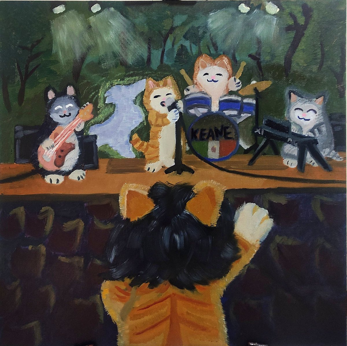 AtomoxMuu's tweet photo. I made a very special #painting based on what my girlfriend likes most: #cats and the band #Keane #HappyBirthday https://t.co/0VppX5MNXH