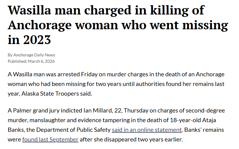 alaskalandmine's tweet photo. File this one in the unbelievable category. In 2016, Ian Millard brutally murdered his mother and brother. He was 12 years old. He was locked up at McLaughlin Youth Center until he was 19. 

When he was released, the Alaska Native Justice Center helped him get on his feet. They even helped him buy a cutting board. They also helped him find a housing, helped him get his driver's license, and helped pay for school. The Cook Inlet Tribal Council shared it as a success story. 

The help did not have the desired effect. 

A year after being released, Millard killed again. He was just arrested for the murder of an 18-year-old girl in 2023.