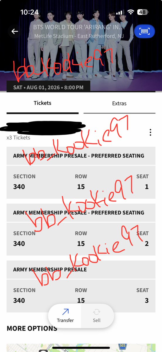 bb_kookie97's tweet photo. WTS 3 tickets for BTS Arirang Tour MetLife day 1 8/1
Section 340 row 15 seats 1-3
**PAYPAL G&amp;S or Zelle only**
willing to FaceTime during transaction 
$250 Each or 650 for all 3
Price negotiable
#btsarirang #btsarirangmetlife
#ARIRANG_Tour #BTS_ARIRANG #btstour #btsmetlife https://t.co/sOI5CSUIt4