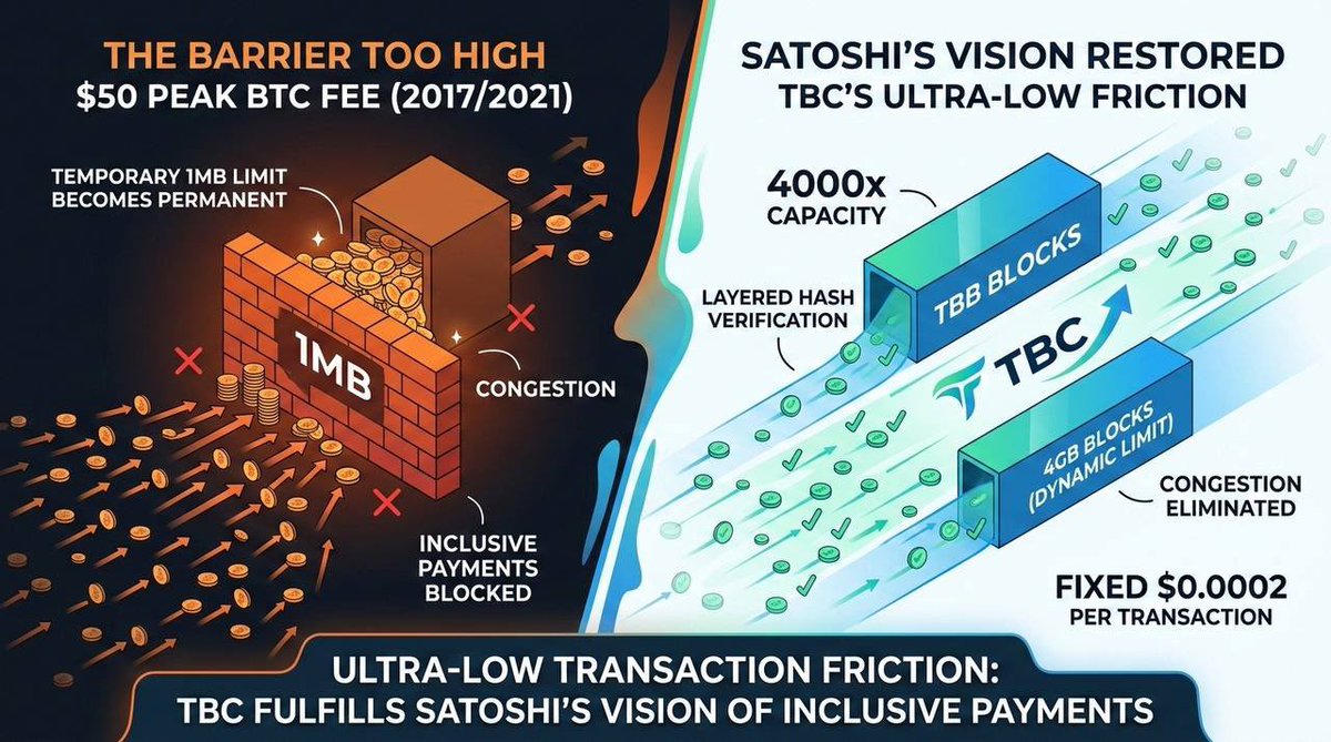 💸 Ultra-Low Transaction Friction: How TBC Finally Fulfills Satoshi's Vision of Inclusive Payments

Bitcoin's $50 peak transaction fee was never the plan.
It was a compromise that broke the dream.
TBC is fixing it. 🧵👇

📜 The Design Principle Satoshi Never Abandoned

"We have