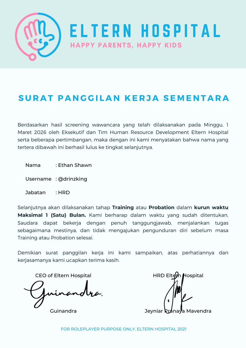 ㅤㅤ

📩

To : Ethan Shawn  (<a href="/drinzking/">Ethan.</a>)
From : Eltern Hospital Office
CC : Guinandra (<a href="/inyouf/">𝖨𝗇𝗒𝗈𝗎𝗉, 황. ⚝</a>)
Elaine Danastri (<a href="/yourqkitten/">Elaine Danastri 🤰</a>)
Jeyniar Pranaya M. (<a href="/nomoresojuplz/">Je</a>)
Subject : Surat Panggilan Kerja Sementara

ㅤㅤ