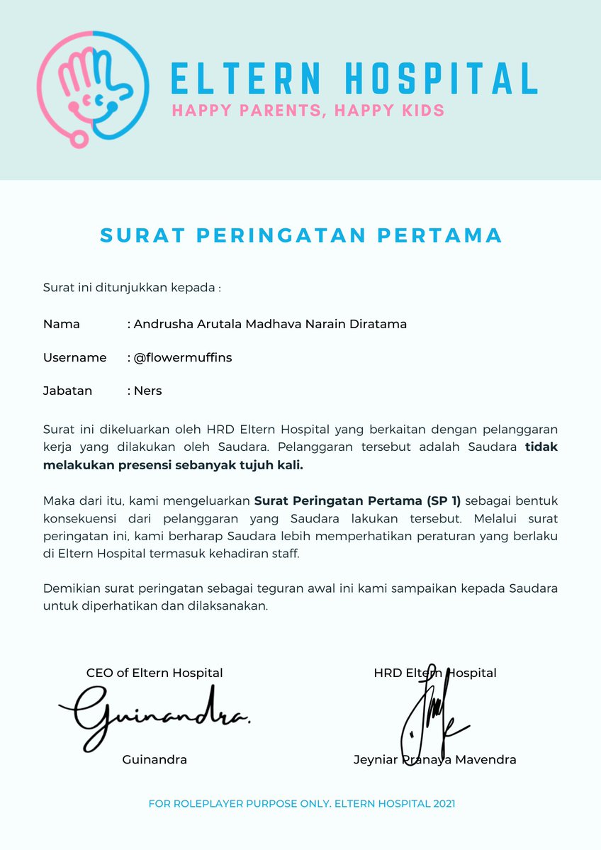 ㅤㅤ

📩

To : Andrusha Arutala Madhava Narain Diratama (<a href="/flowermuffins/">Arutala Madhava</a>)
From : Eltern Hospital Office
CC : Guinandra (<a href="/inyouf/">𝖨𝗇𝗒𝗈𝗎𝗉, 황. ⚝</a>)
Elaine Danastri (<a href="/yourqkitten/">Elaine Danastri 🤰</a>)
Jeyniar Pranaya M. (<a href="/nomoresojuplz/">Je</a>)
Subject : Surat Peringatan Pertama

ㅤㅤ