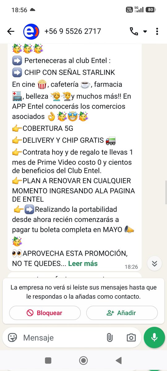 simonky016's tweet photo. Atención. La gente de entel esta acosando a usuarios de compañías móviles desde números sospechosos. El día de hoy me llego esto así que atentos @subtel_chile @SERNAC @entel @entel_ayuda @MTTChile https://t.co/cl4BZC9IY2