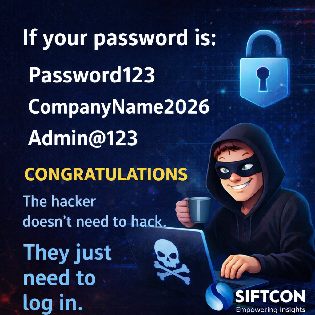 siftcon's tweet photo. If your password is Password123…

The hacker doesn’t need to hack.

They just need to log in.

#CyberSecurity #PasswordSecurity #SIFTCON https://t.co/7zBZcfFxKL