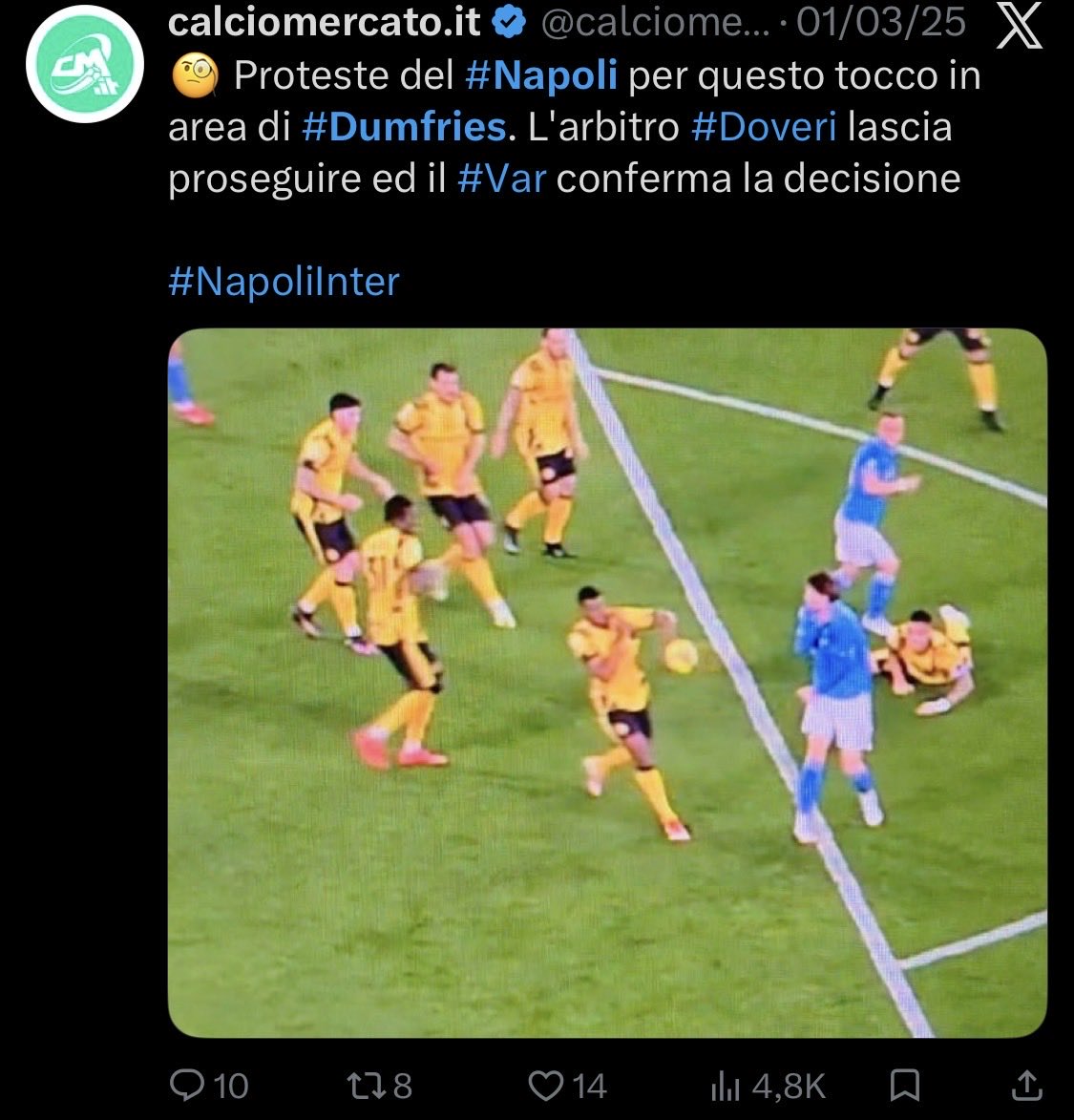 AcmSte1899's tweet photo. @FBiasin Se è rigore quello di Ricci, questo di Dumfries lo è 10 volte di più.
Lo scorso anno però la valutazione su questi episodi andava bene, la realtà è una, fate sempre ridere, siete la barzelletta d’Italia https://t.co/oQLMBEvVXE