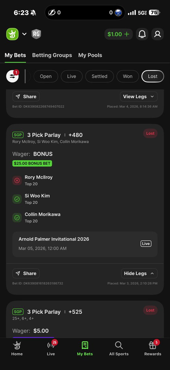 AgentCrozier's tweet photo. @DK_Assist why is this a loss if Rory W/D? Shouldn’t just that leg be voided and it be a reduced payout win? https://t.co/vz9HZarLkf
