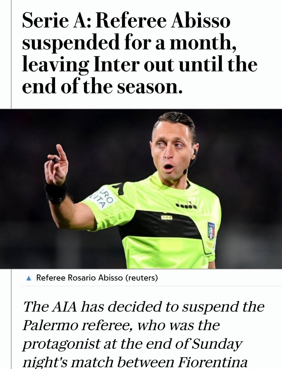 snajaths's tweet photo. And who was in VAR today?

Abisso, a referee who has previously even been banned from refereeing Inter games for continuously making errors against Inter.

And FAMOUSLY favouring Milan. EVERY. SINGLE. TIME. https://t.co/STJom35IgK