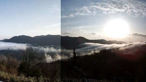 SHIGE_labo's tweet photo. 【 春の両国おろし ☁️ 】

おはようございます☀
今朝の美郷町は、見事な両国おろし発生中！
山あいを埋め尽くす雲海が、
朝日に照らされてとても幻想的です✨

朝だけの特別な風景ですね。

#島根 #美郷町 #雲海 #雲海スポット #両国おろし #日の出 https://t.co/jkUPEP7dej