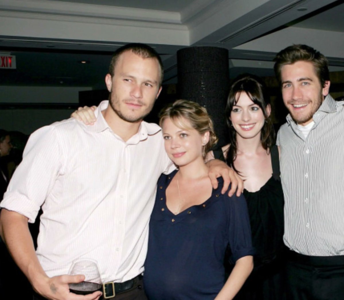 HistoryUnd's tweet photo. Heath Ledger (26), Michelle Williams (24), Anne Hathaway (22) and Jake Gyllenhaal (24) at the 2005 Toronto International Film Festival for Brokeback Mountain https://t.co/xOVqUwvwZo