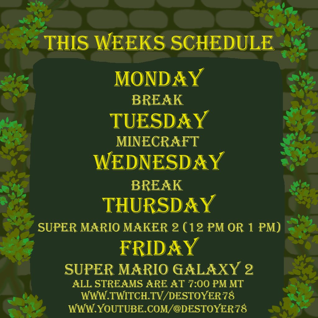 destoyer781's tweet photo. This Week’s Stream Schedule!

Tue - 7 PM MDT
Minecraft – Isle of Berk (Claws of Berk) Mod

Thu - 12 / 1 PM MDT
Super Mario Maker 2

Fri - 7 PM MDT
Super Mario Galaxy 2

https://t.co/xeNnHqiCFJ
https://t.co/uRUTYCCAZX

#StreamingSchedule #TwitchStreamer #YouTubeGaming https://t.co/AHLgUm6LkK