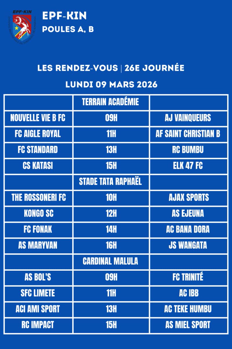 EPF-KIN | 25E JOURNÉE

Les rendez-vous du jour
🗓️ Lundi 09 Mars 2026