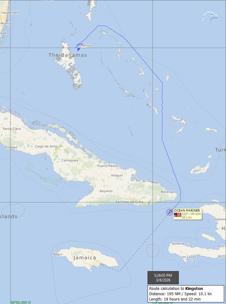 FlconEYES's tweet image. OCEAN MARINER 9328340 
Chemical/Oil Products Tanker

#Nassau-#Jamaica 
Seguirá comerciando para Monarch, llevando combustible a #Cuba?

#VesselAlert #AIS #Maritime #OSINT #8Mar