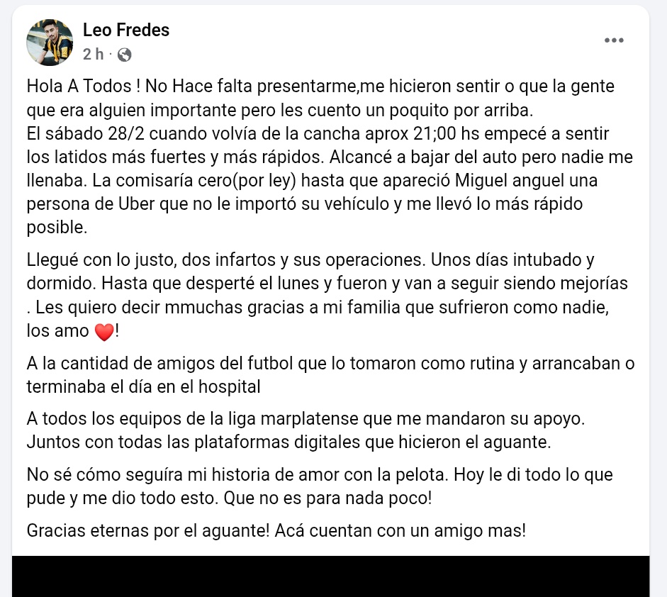 LVDEMDQ's tweet photo. 👏👏👏 El mensaje de Leo Fredes que se recupera luego de sufrir dos infartos.
📌 "GRACIAS ETERNAS POR EL AGUANTE"
#VamosLeo @DepNorte https://t.co/P8MfYPMfQw