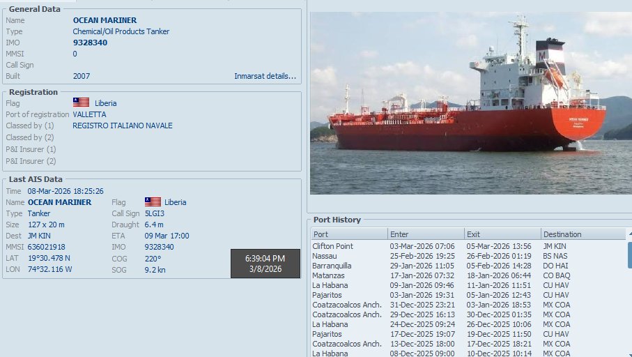FlconEYES's tweet image. OCEAN MARINER 9328340 
Chemical/Oil Products Tanker

#Nassau-#Jamaica 
Seguirá comerciando para Monarch, llevando combustible a #Cuba?

#VesselAlert #AIS #Maritime #OSINT #8Mar