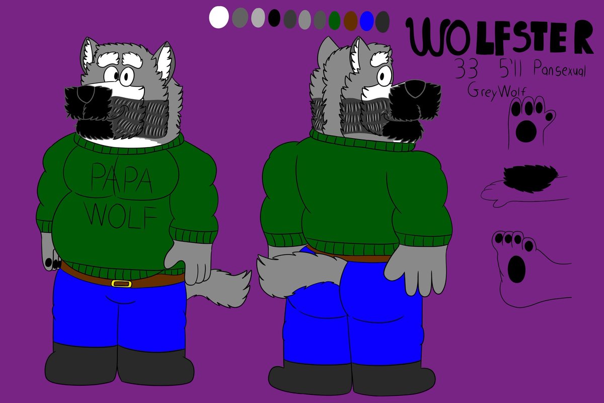 REUPLOAD: Forgot the “Papa Wolf” text
New ref sheet
Alt in Patreon

#furryart #DigitalArtist #refsheet