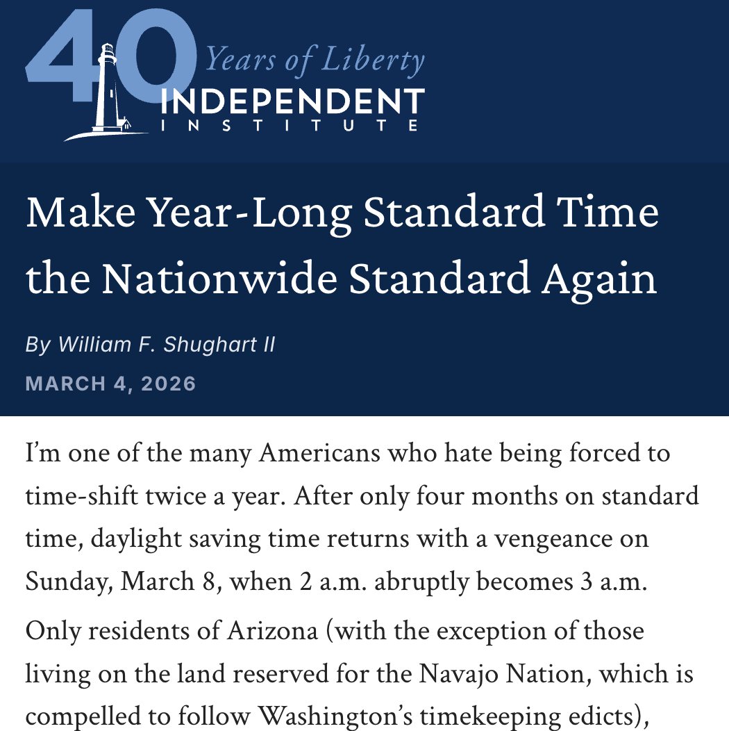 “Standard Time was year-round until WWI… Permanent Daylight Saving Time was a serious blunder in 1974… Days lengthen and shorten over the year no matter what… Stop the stupid ritual…”