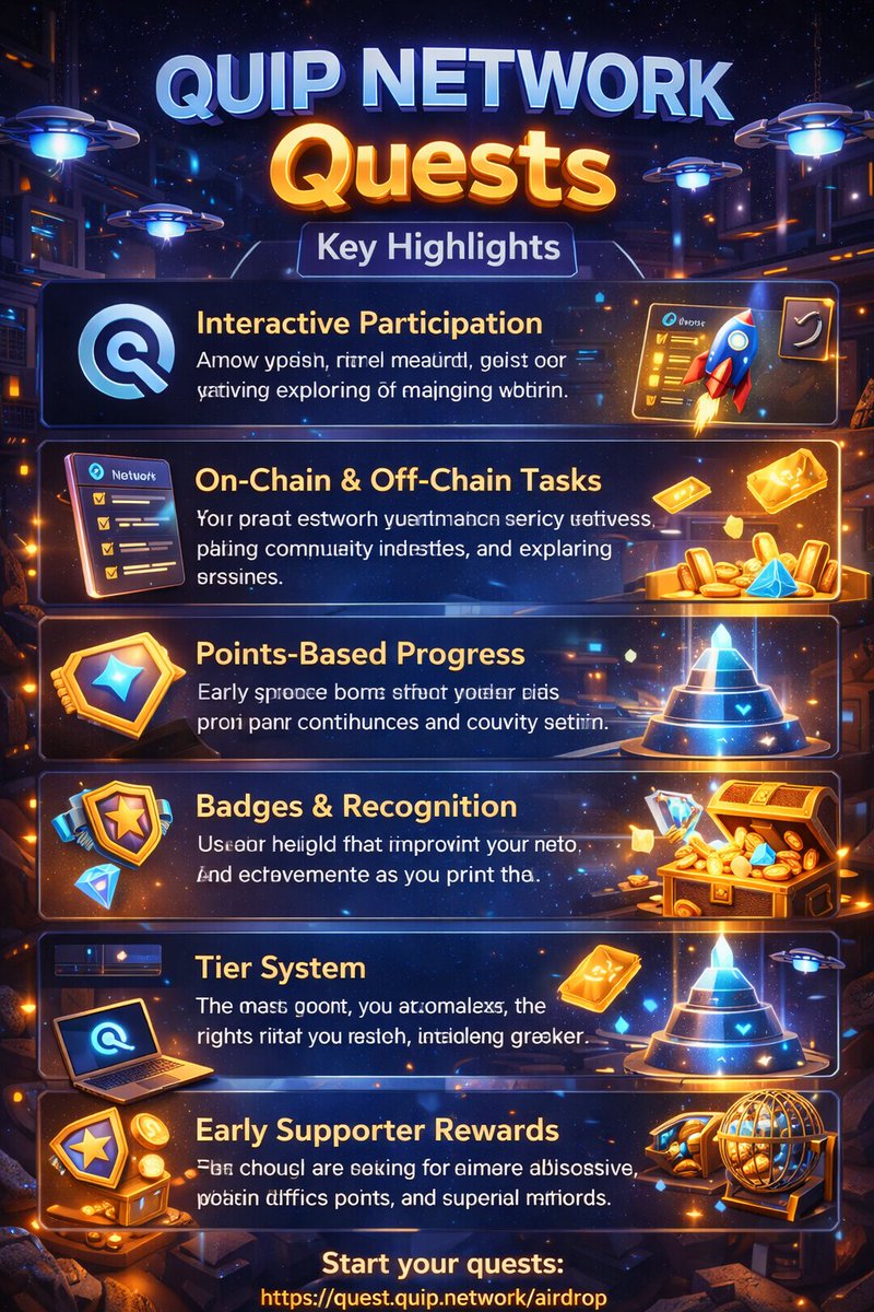 GN CT 🌄

<a href="/quipnetwork/">Quip Network</a> Quests — Key Highlights

➠ Interactive Participation
A new system that rewards users for actively exploring and engaging with the <a href="/quipnetwork/">Quip Network</a>  ecosystem.

➠ On-Chain &amp; Off-Chain Tasks
Complete different quests such as testing features, joining community