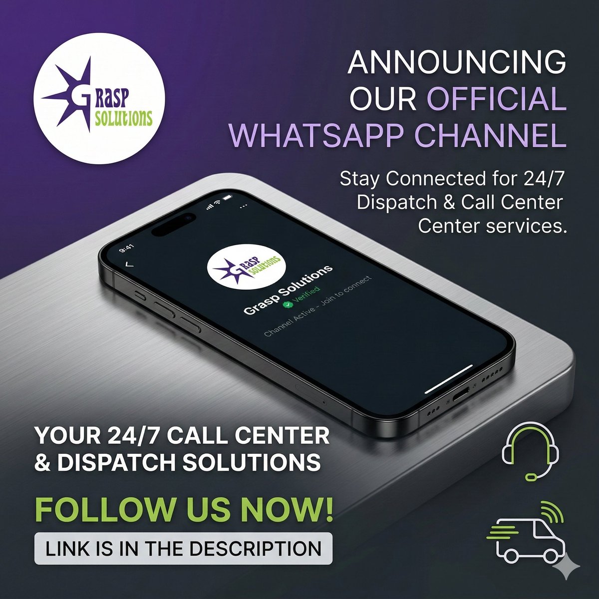 🎧𝗚𝗿𝗮𝘀𝗽 𝗦𝗼𝗹𝘂𝘁𝗶𝗼𝗻𝘀 𝗶𝘀 𝗰𝗹𝗼𝘀𝗲𝗿 𝘁𝗵𝗮𝗻 𝗲𝘃𝗲𝗿. 𝗙𝗼𝗹𝗹𝗼𝘄 our new official 𝗪𝗵𝗮𝘁𝘀𝗔𝗽𝗽 𝗰𝗵𝗮𝗻𝗻𝗲𝗹 𝘁𝗼𝗱𝗮𝘆! ☎️

𝗟𝗶𝗻𝗸: whatsapp.com/channel/0029Vb…

#GraspSolutions #SyedSalmanRashid #DispatchCenter #CallCenter #VirtualAssistants #LimousineService