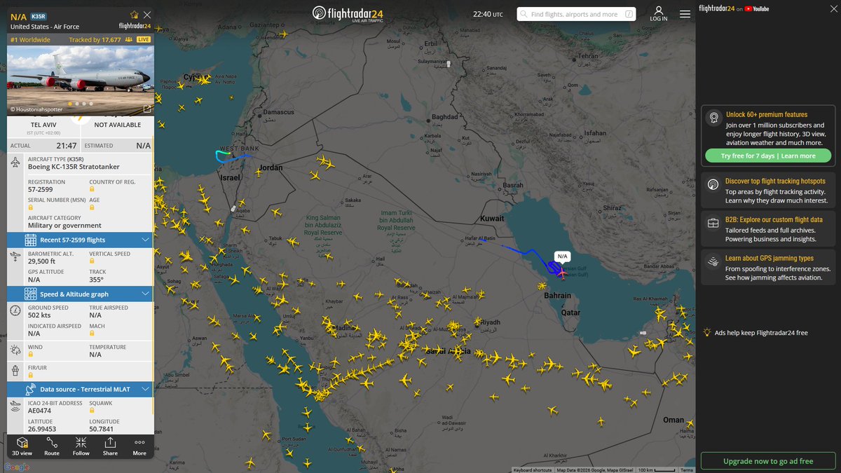 AIYeyENGDdJkjTr's tweet image. Mar. 9, 2026
#Ben Gurion ==&amp;gt; #Persian Gulf

#Beale Air Force Base - 940th Air Refueling Wing

#NoCALLSIGN #AE0474 USAF KC-135R Stratotanker