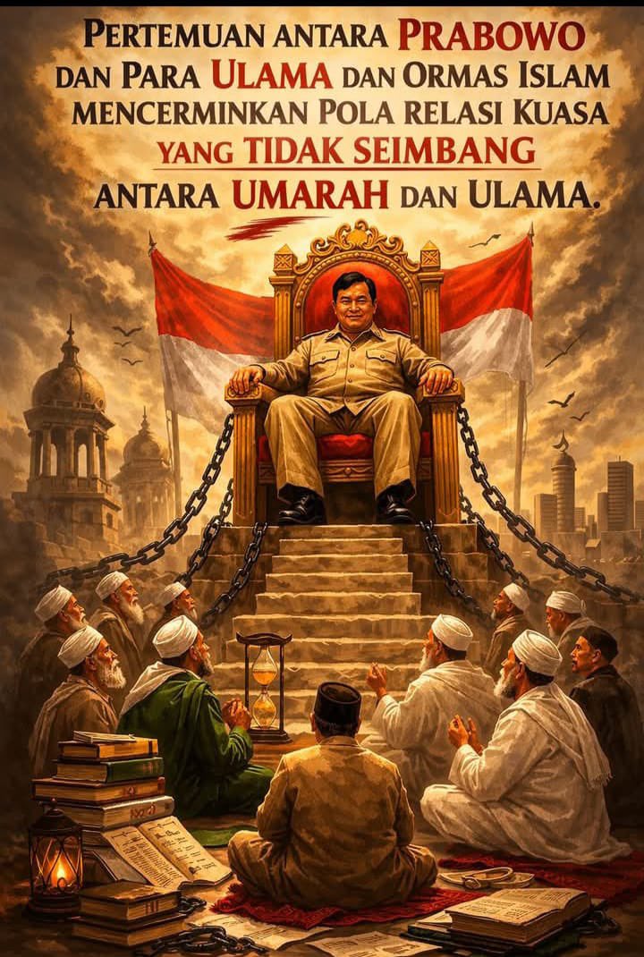 Umat dan santri nurut Kiai/ulama. Kiai nurut Presiden Prabowo. Prabowo nurut Trump. Trump nurut Zionis, Bibi Nyatanyahu. Sedangkan Zionis adalah sumber masalah dunia.

Itulah Piramida Kekuatan Politik dengan fenomena Political Brokerage yang memfasilitasi clientalistic yang