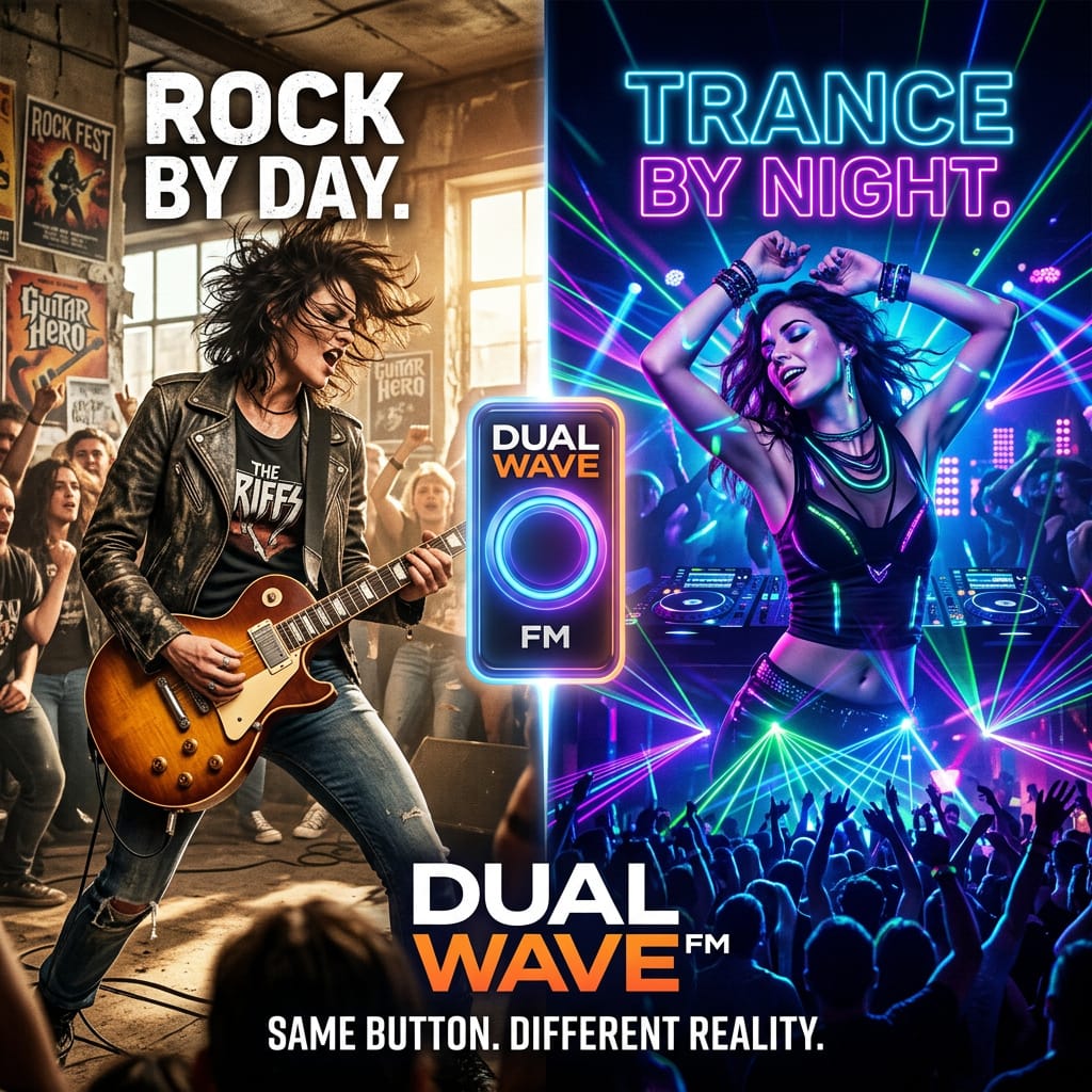 dualwavefm.ca We are LIVE ONLINE. Rock by day. Trance by night. 
"We don’t judge your mood swings."
APP coming soon!!!!