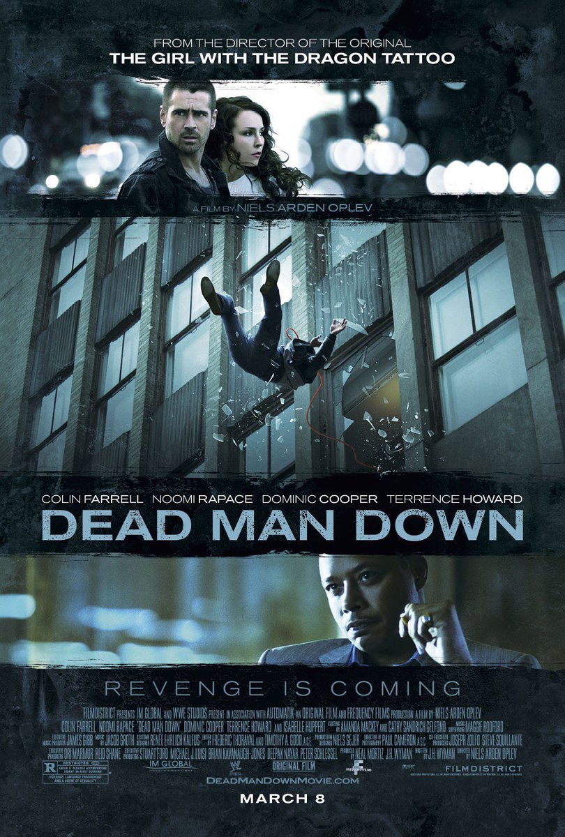 FilmNewsNos's tweet photo. 🎬MOVIE HISTORY: 13 years ago today, March 8, 2013, the movie ‘Dead Man Down’ opened in theaters!

#ColinFarrell #NoomiRapace #DominicCooper @terrencehoward #FMurrayAbraham #ArmandAssante #WadeBarrett #LuisDaSilva #IsabelleHuppert #JamesBiberi #NielsArdenOplev https://t.co/5MXqE7sdVE