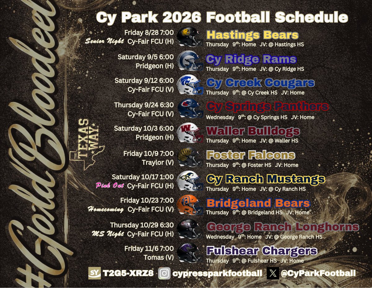 CyParkFootball's tweet photo. Weekly Mission Brief

Open Weight Room 8:30-10 Monday and Tuesday.

43 Honor Roll Members.

Suns Out, Guns Out rocked.

Spring Practice Schedule Attached.

Fall Schedule Attached.

Execute 
#GoldBlooded https://t.co/bWaMZkpHNZ