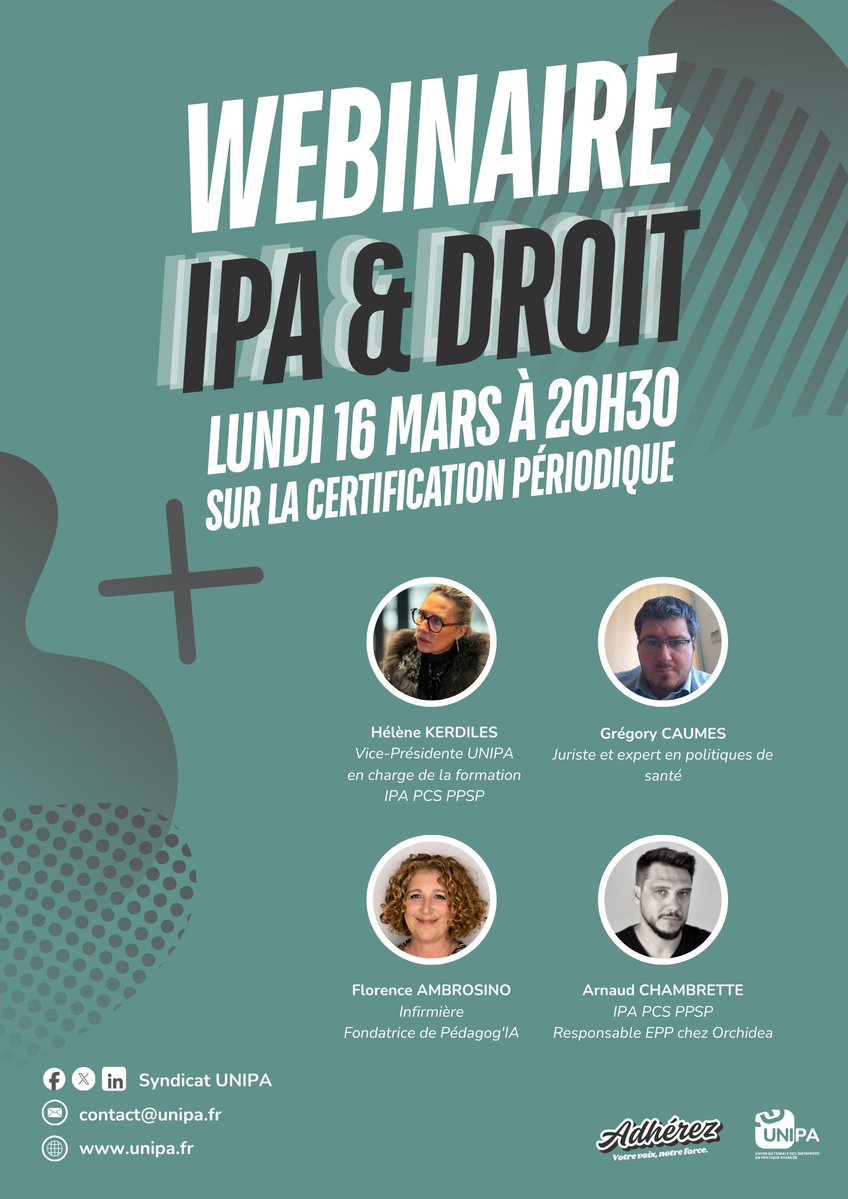 🎓 Webinaire IPA &amp; DROIT : la certification périodique des IPA

La certification périodique concerne tous les IPA. Venez comprendre ce qu’elle implique pour votre exercice et poser vos questions à des experts juridiques et pédagogiques.

🗓 Lundi 16 mars - 20h30
💻 En visio
🔒