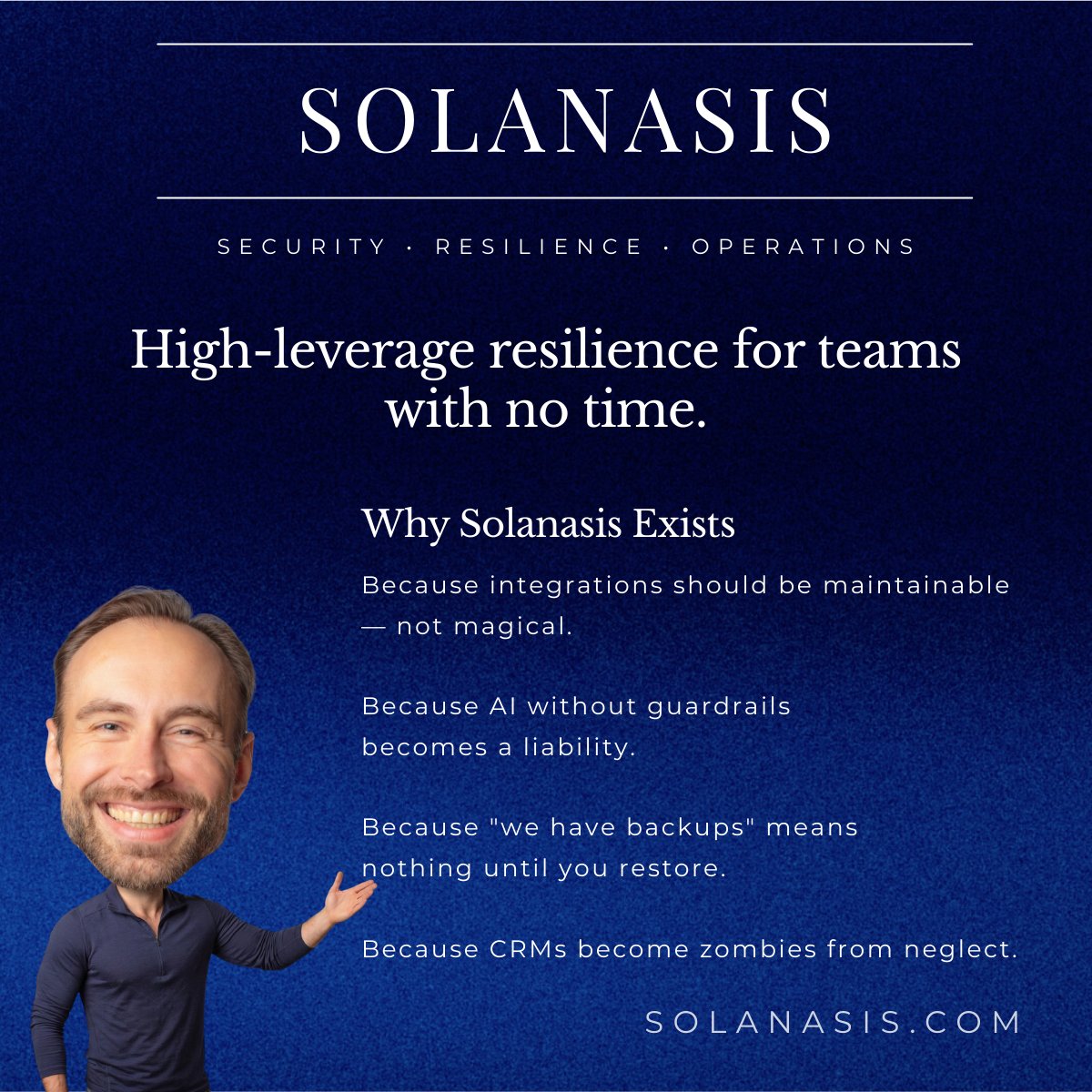 ZaMrSunshine's tweet photo. 2026 looks like the year of shitshows, so I launched Solanasis: a make-the-basics-solid firm for cybersecurity, disaster recovery, responsible AI, and systems that actually work together. If a precarious org just came to mind, I’d really appreciate an intro. https://t.co/ChVpr6tU7z