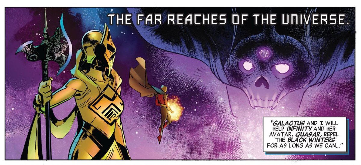UncannyLZ's tweet photo. Quasar protecting the universe from Black Winter!

I still really like the new design for Infinity. I hope Q gets more cameos and a role in the next Marvel Cosmic event https://t.co/sCJ890u57S