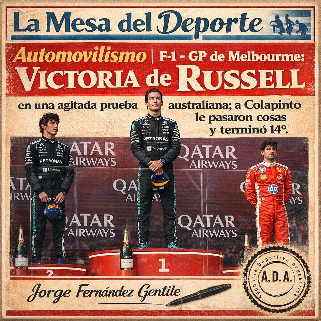 🏁 Automovilismo | F-1 - GP de Melbourne: Victoria de Russell en una agitada prueba australiana; a Colapinto le pasaron cosas y terminó 14°. ✍🏻 Jorge Fernández Gentile.
lamesadeldeporte.blogspot.com/2026/03/automo…