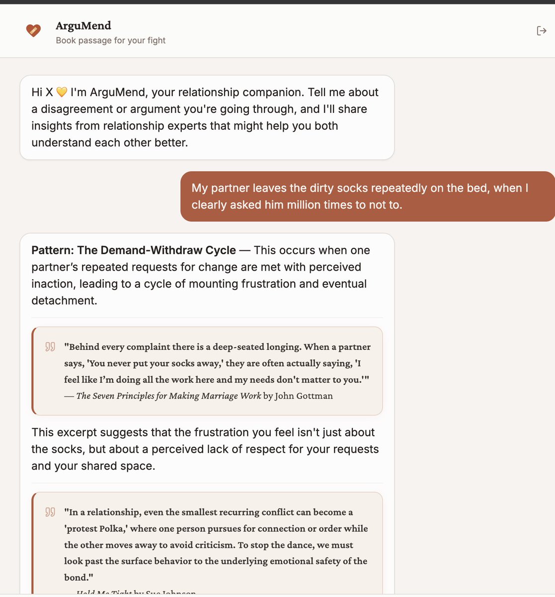 shilpiagrawal55's tweet photo. Made a fun little @Lovable project #SheBuildsonLovable
Input your frustrations/arguments with your partner, ArguMend will give you pattern, relevant book excerpts, and action items. No account needed.
Give it a spin and tell me if you like it. =)
https://t.co/5wpEseKzBa https://t.co/b9gSzbjgP8
