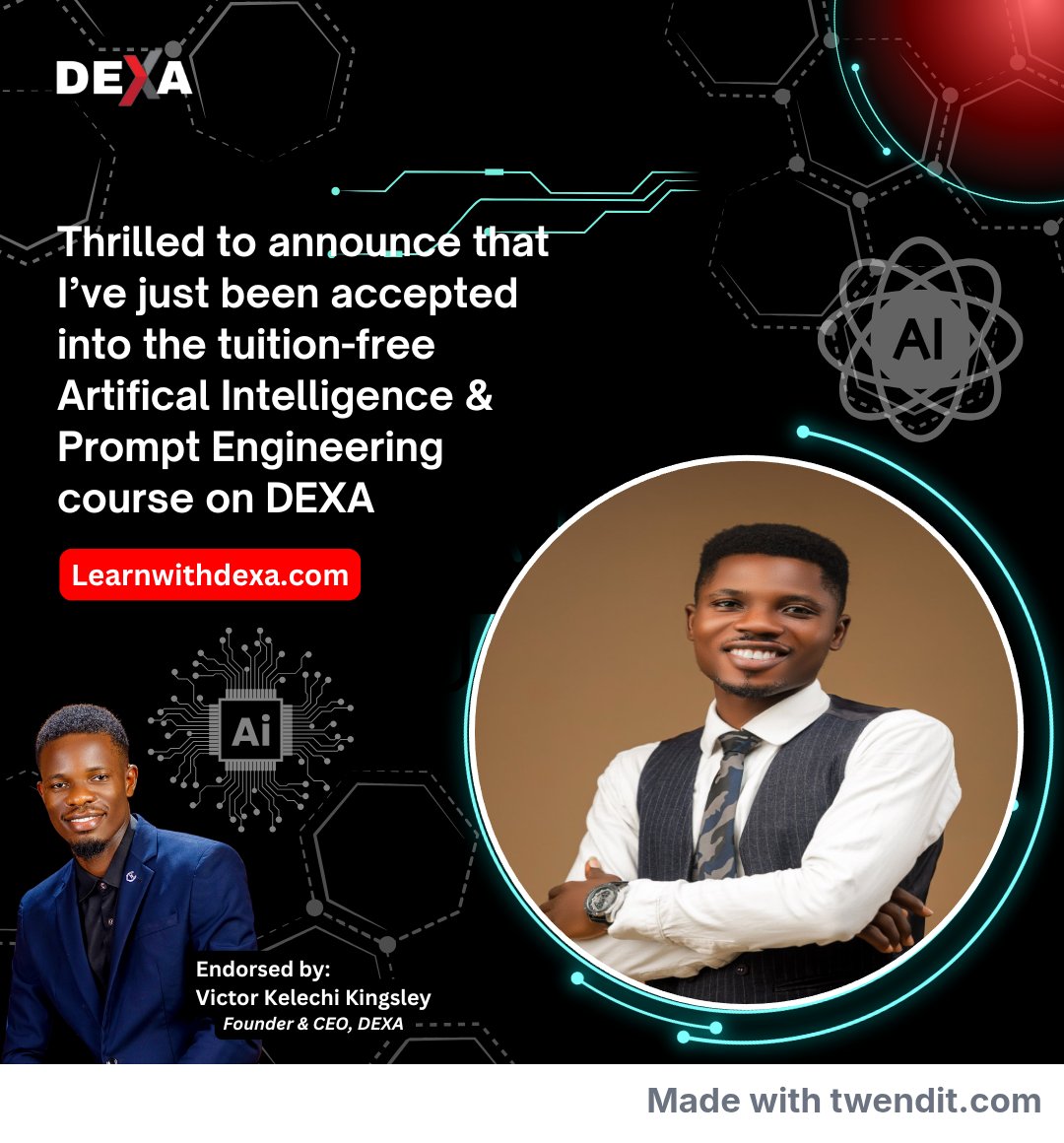 Rotexilva007's tweet photo. Excited to announced that I've been accepted into the tuition free Generative Artificial Intelligence &amp; Prompt Engineering Course on DEXA. In 3 weeks I'll be a certified Gen Ai Specialist &amp; Prompt Engineering Expert.Feel free to reach out. https://t.co/Zb3KOvvt1a